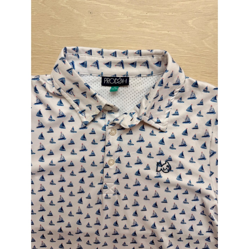 Prodoh Boys Sailboat Print Performance Polo Shirt White Blue Size M 10/12 Golf